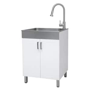 All-in-One 21.3 in. D x 24.1 in. W Drop-in Stainless Steel Utility/Laundry Sink with Cabinet in White and Faucet