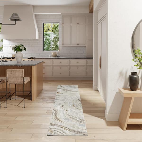 Glam Grey Gold 2 ft. x 8 ft. Abstract Contemporary Runner Area Rug