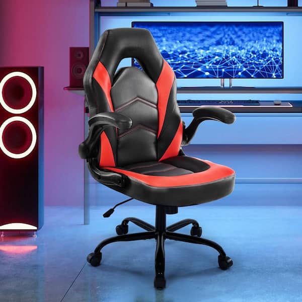 WONDER COMFORT PU Leather Adjustable Height Ergonomic Computer Desk Gaming Chair in Black Red with Flip-up Armrest for Adults, Kids