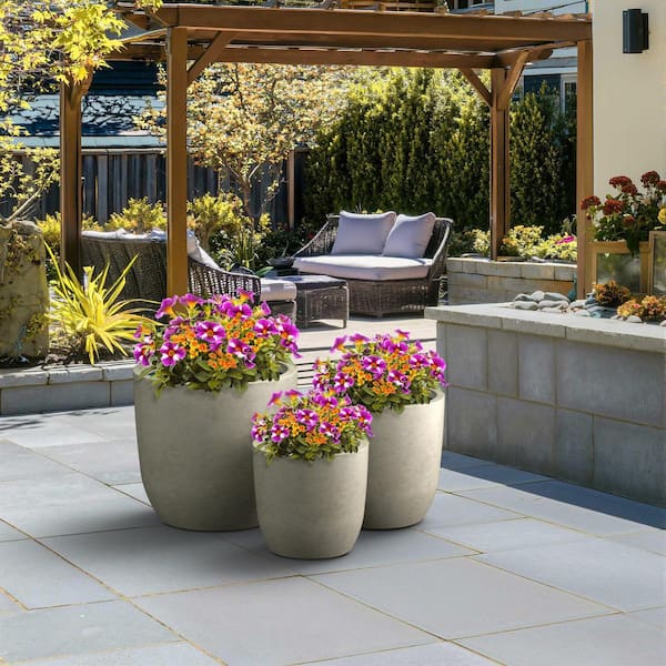 13.5 in. 17 in. 20.5 in. Light Gray(Enhanced Interior) Concrete Round Planter / Pot with Drainage Holes (3-Pack)