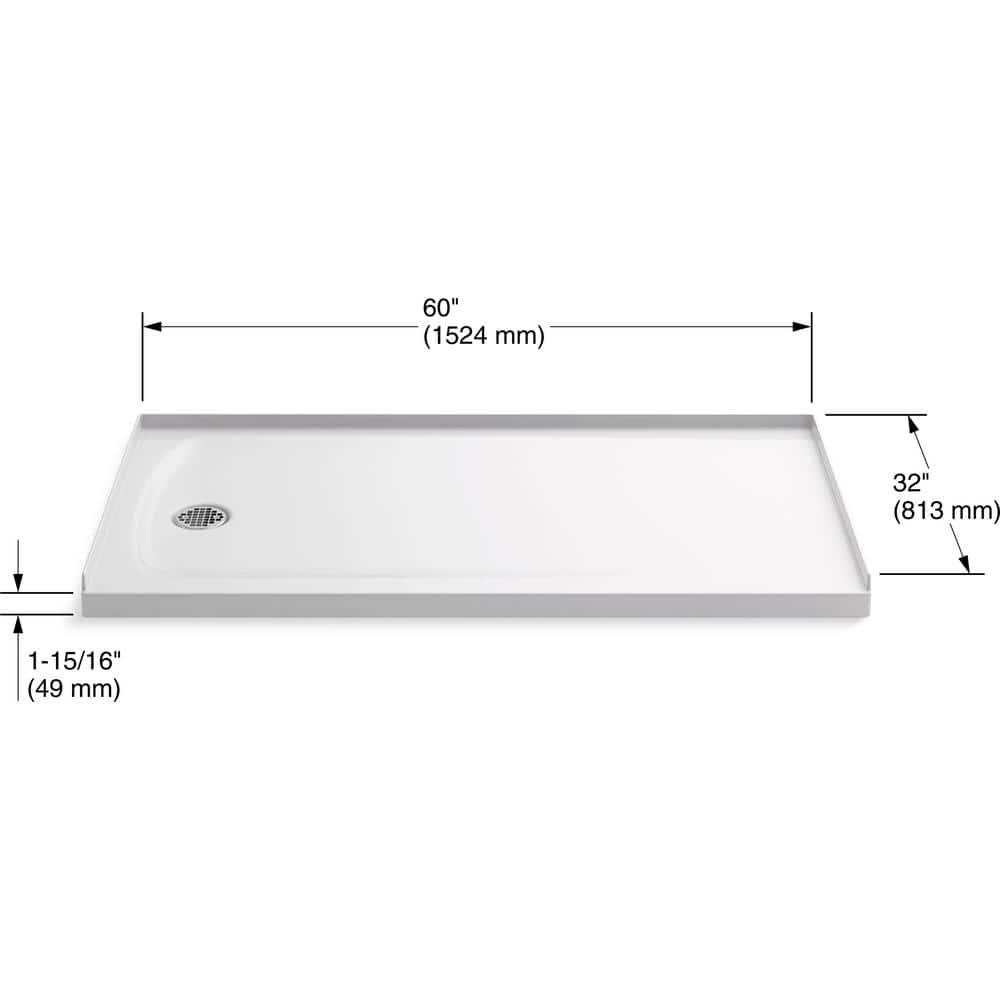 Ballast White Resin Concrete 60" x 32" Shower Base with Left-Hand Drain