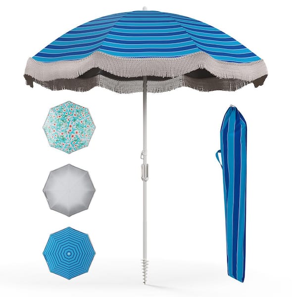 Gymax 7 ft. Metal Tilt Beach Umbrella in Navy Blue with w/Push Button Tilt Sand Anchor