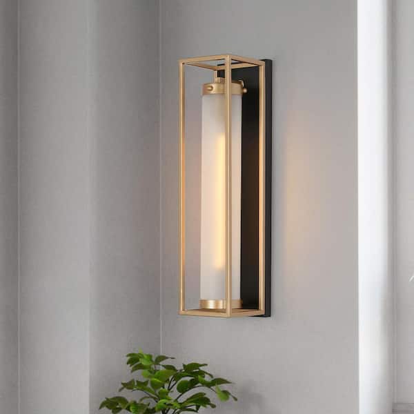 1-Light Dark Gold Modern Wall Sconce, Tube Frosted Glass Black Wall Light, Farmhouse Geometric Bathroom Vanity Light