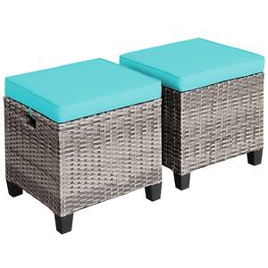 Patio Rattan Cushioned Ottoman Seat Foot Rest Table Turquoise (2-Piece)