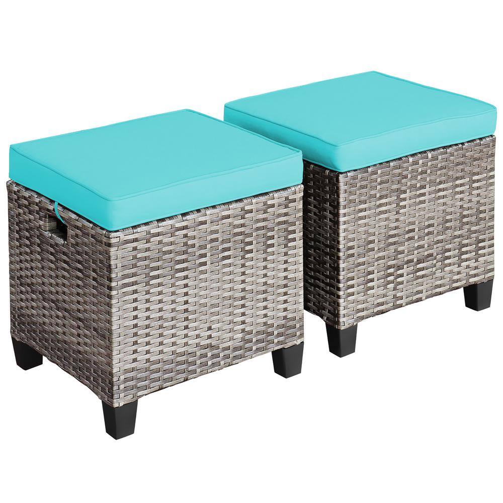 Turquoise Cushioned Rattan Outdoor Ottoman Stool Set