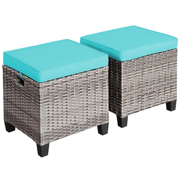 Costway Patio Rattan Cushioned Ottoman Seat Foot Rest Table Turquoise (2-Piece)