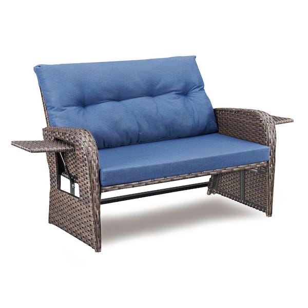 Brown Wicker Outdoor Sofa Day Bed Loveseat Sun Lounger for Backyard Porch with Cozy Cushion Guard Blue Cushions