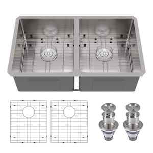 33 in. Rectangular Double Bowl Undermount Kitchen Sink in Silver Grey Stainless Steel with Grid and Strainer