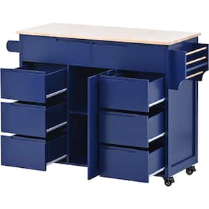 Blue Rubber Wood 18.50 in. W Kitchen Island Cart with 8 Handle-Free Drawers Including a Flatware Organizer and 5 Wheels