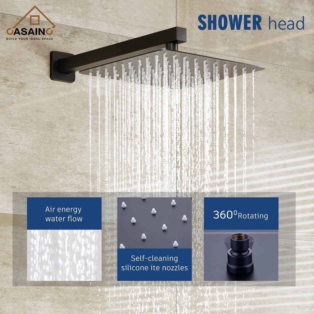 Matte Black 12" Wall Mount Square Shower System with Handheld Spray