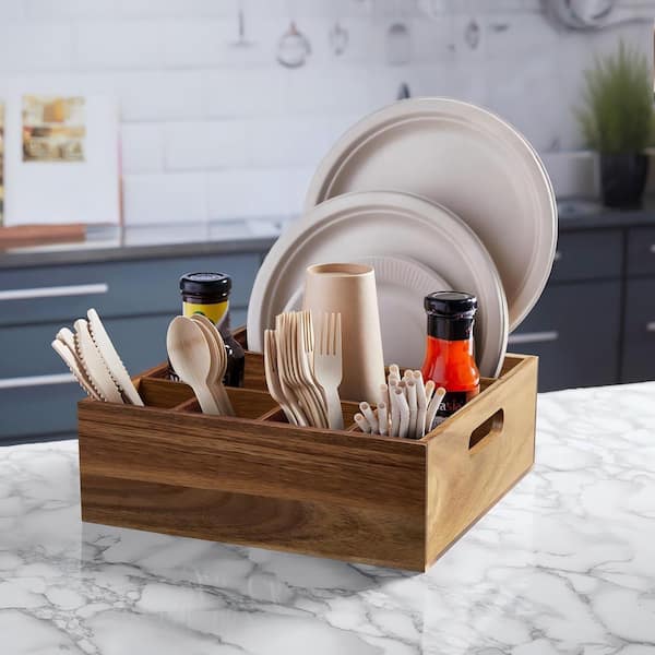 Brown Acacia Wood Utensil Holder with 6 Compartments for Countertop Cutlery, Plate, Cup, Fork, Spoon