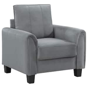 Gray and Black Fabric Arm Chair with Rounded Armrests and Black Tapered Legs