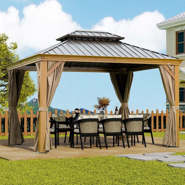 12 ft. x 14 ft. Yellow Brown Outdoor Aluminum Double Galvanized Steel Roof Gazebo with Mosquito Netting and Curtains