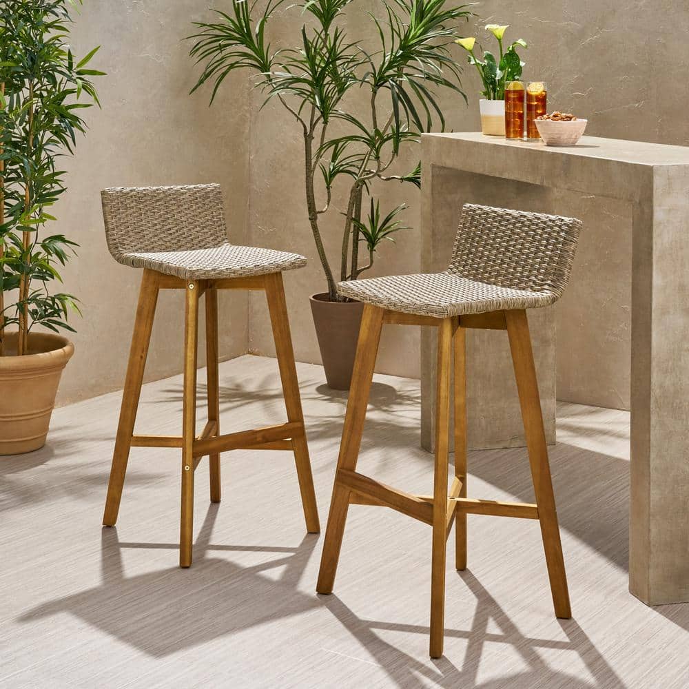 Light Brown Acacia Wood and Wicker Outdoor Barstools, Set of 2