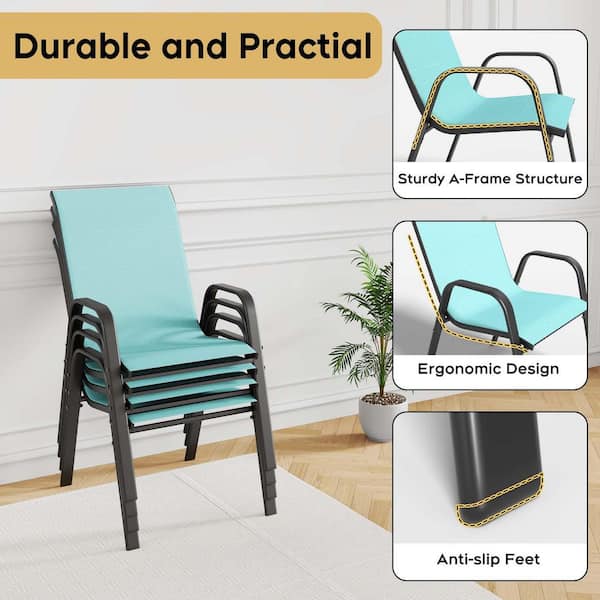 Sky Blue Steel Outdoor Dining Chair Wide Seat Patio Chair Bistro