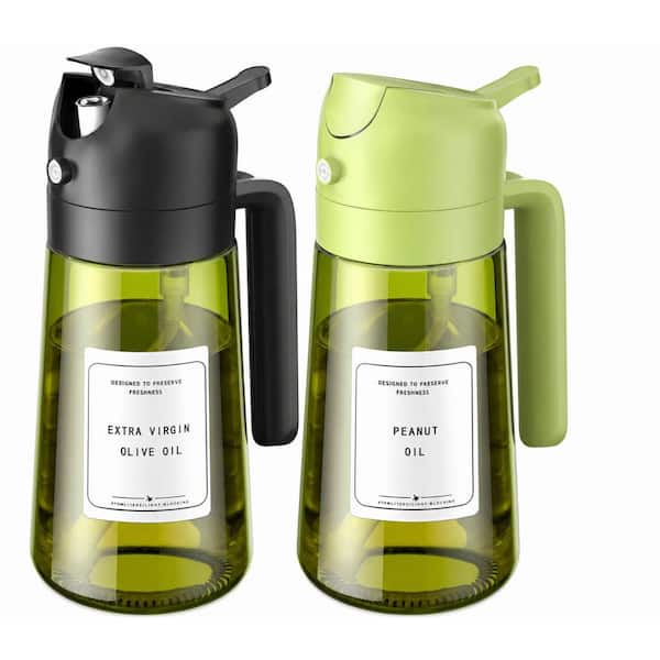2-in-1 Oil Sprayer and Dispenser Bottle, 16 oz Dark Glass with Adjustable Spray and Pour, for Cooking