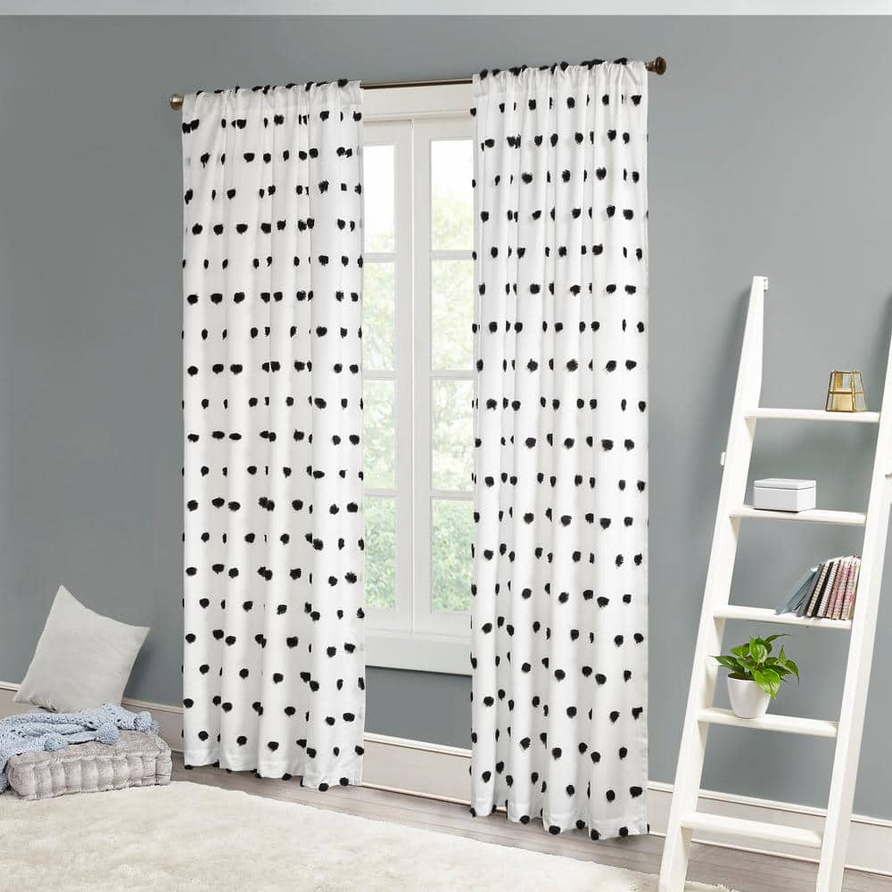 Black and White Faux Silk Pom Pom Sheer Curtain Panel