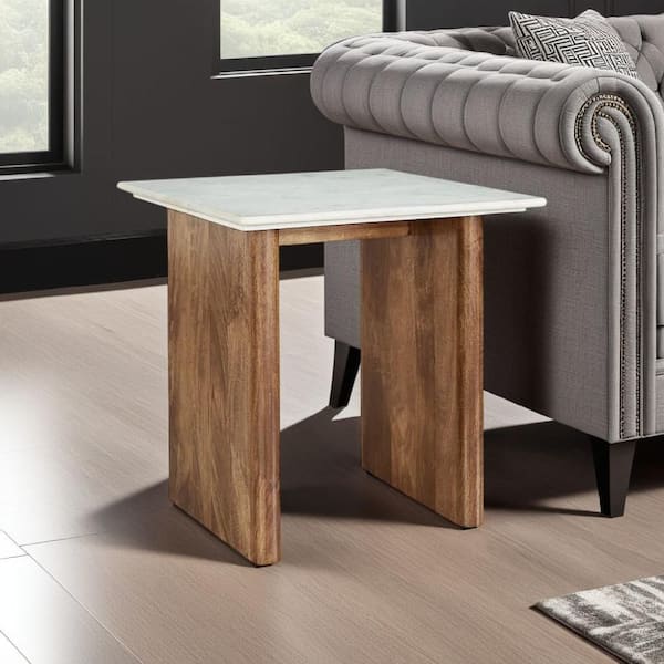 Benjara Wrenn 22 in. Light Brown and White Rectangle Marble End Table