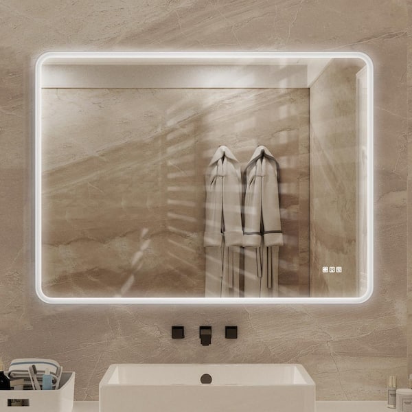 WELLFOR 48 in. W x 36 in. H Rectangular Framed Dimmable Anti-Fog LED Wall Bathroom Vanity Mirror in Matte White, Lighted Mirror