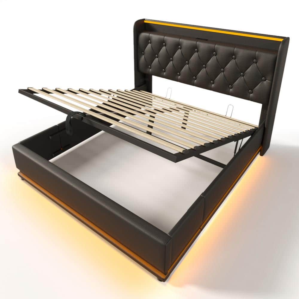 Black Wood and Metal Frame Upholstered PU Queen Platform Bed with Hydraulic Storage, USB Charging and 360° LED Light - thumbnail 8