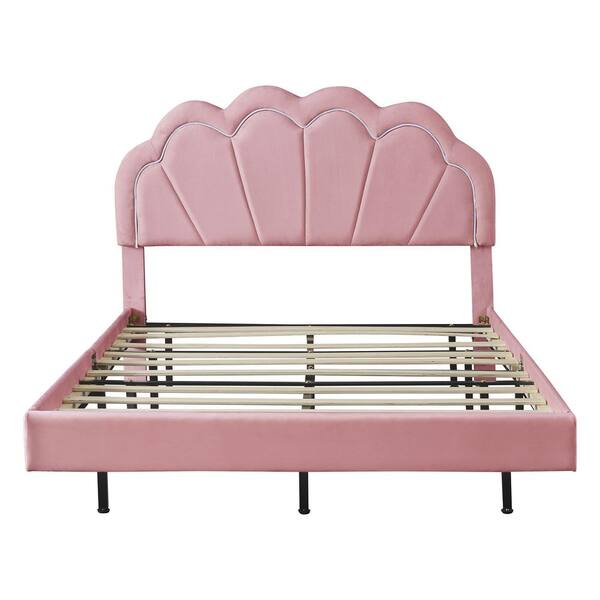 Pink Wood Frame Velvet Full Platform Bed with Elegant LED Flowers ...