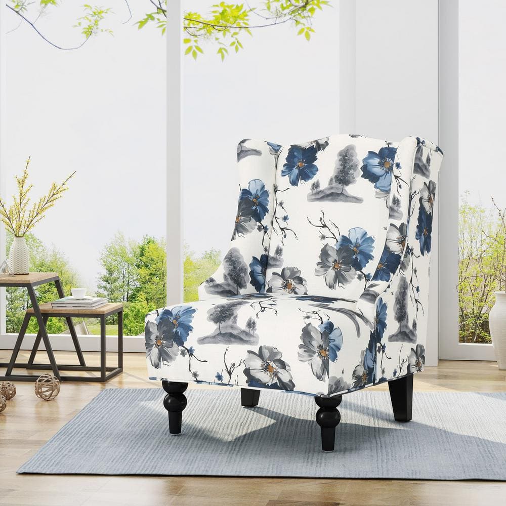 Handcrafted Floral Brown Wood Slope Arm Club Accent Chair