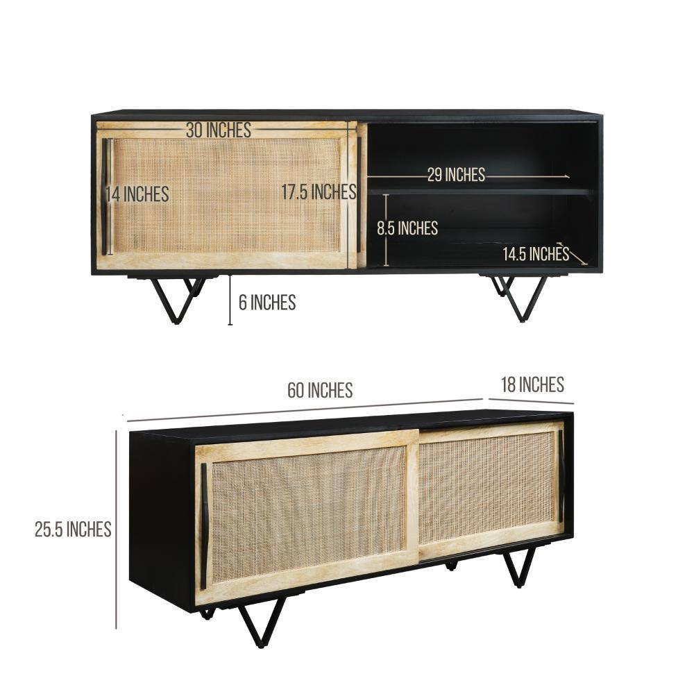 60" Black and Natural Wood TV Media Console with Cane Doors