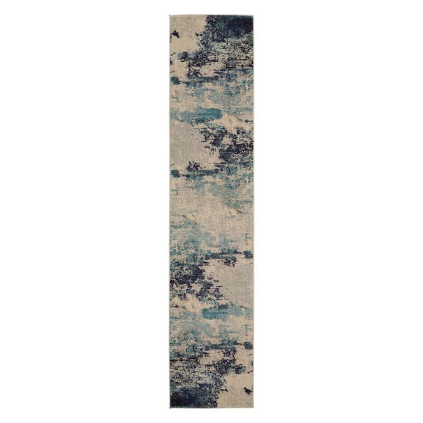 2 ft. x 12 ft. Blue Abstract Washable Area Rug