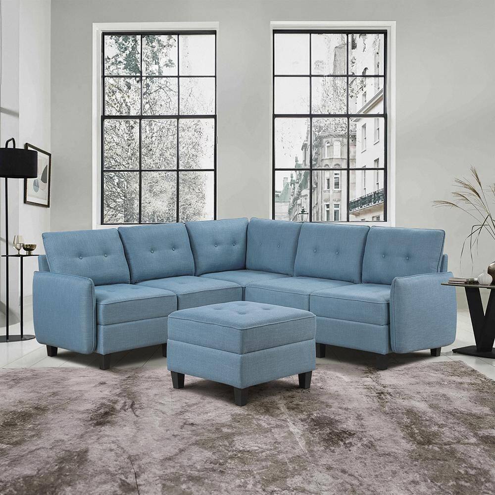 Swallowtail 86 in. Pillow Top Arm 6-Piece Fabric Sectional Sofa with Storage and Ottoman in Blue