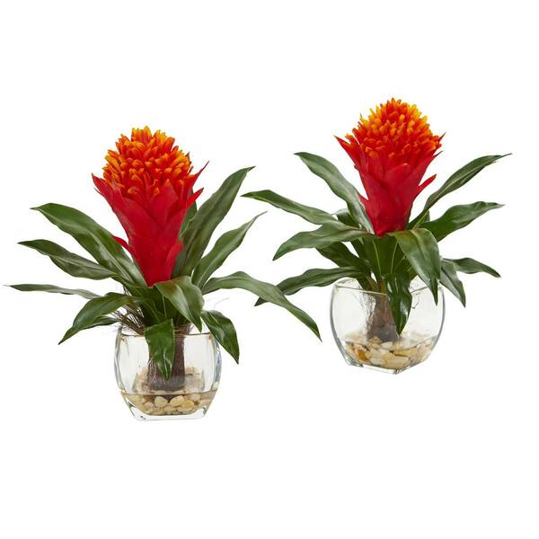 Nearly Natural Indoor Bromeliad Artificial Plant in Vase (Set of 2)