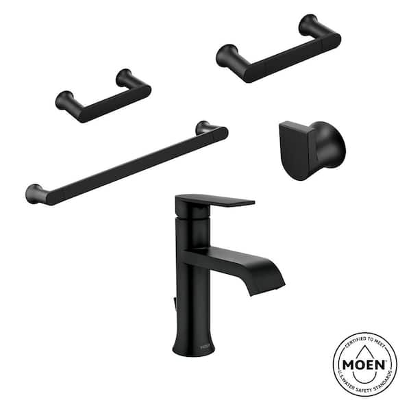 MOEN Genta Single-Handle Single Hole Bathroom Faucet with 18 in. Towel Bar and Hardware Set in Matte Black (4-Piece)