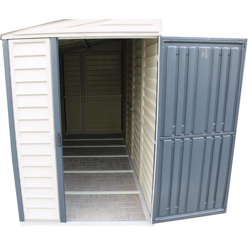 Durable Gray Vinyl Lean-To Storage Shed with Shelving Kit
