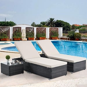 3-Piece Brown Wicker Adjustable Backrest Outdoor Chaise Lounge with Beige Removable Cushion, Side Table