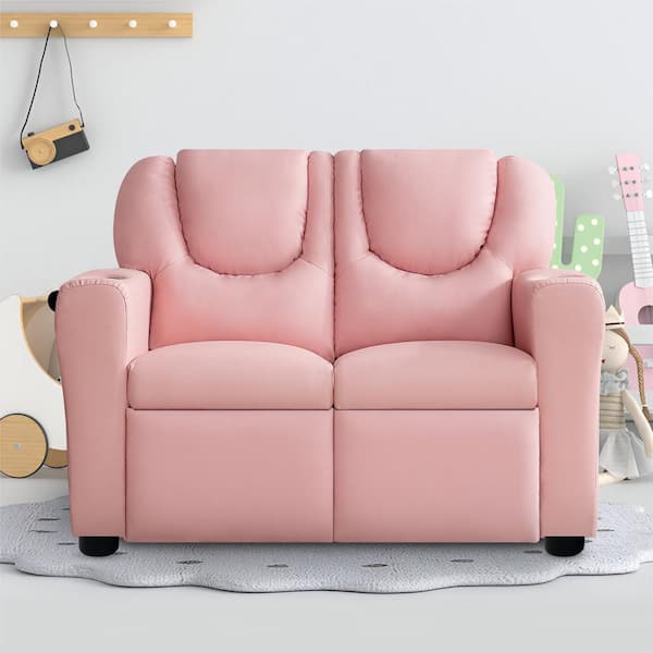 Pink Push Back Kids Loveseat with Footrest & Cup Holders, Recline, Relax, Rule in PVC Comfort