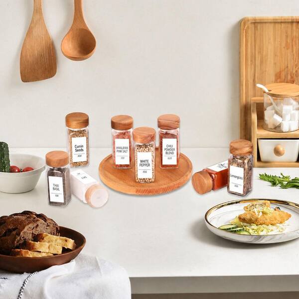 36-Piece 4 oz. Square Glass Spice Jars with Acacia Wood and Shaker Lids, 547 Labels, Chalk Pen