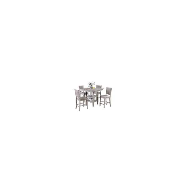 5-Piece Set Wicker Gray Dining Room Furniture, Counter Height, Square Table with Shelves Cushion Chairs, Wood
