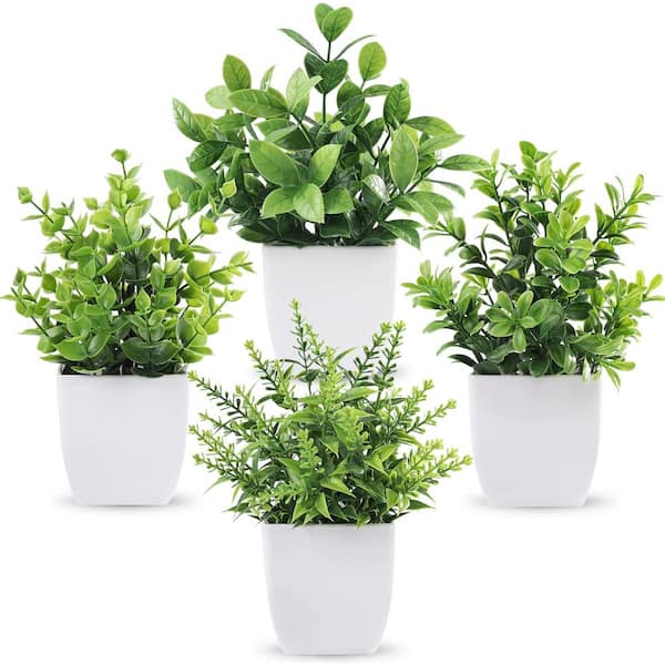 7.18 in. Artificial Green Fake Plants Mini Greenery Potted Plants, 4 Pack