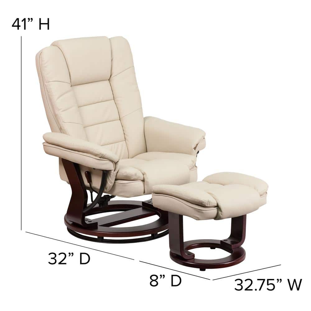 Beige Leather Swivel Recliner with Ottoman and Mahogany Wood Base