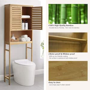 Yellow Bamboo Bathroom Over-the-Toilet Storage with Removable Shelf and Doors 23.5 in. W x 66.9 in. H x 9.2 in. D