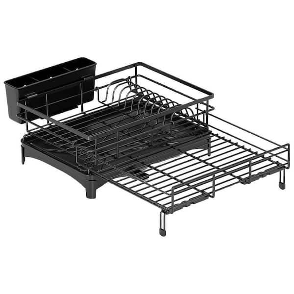 11-21in Expandable Dish Drying Rack with Utensil Holder and Automatic Drainage System for Kitchen Counter in Black