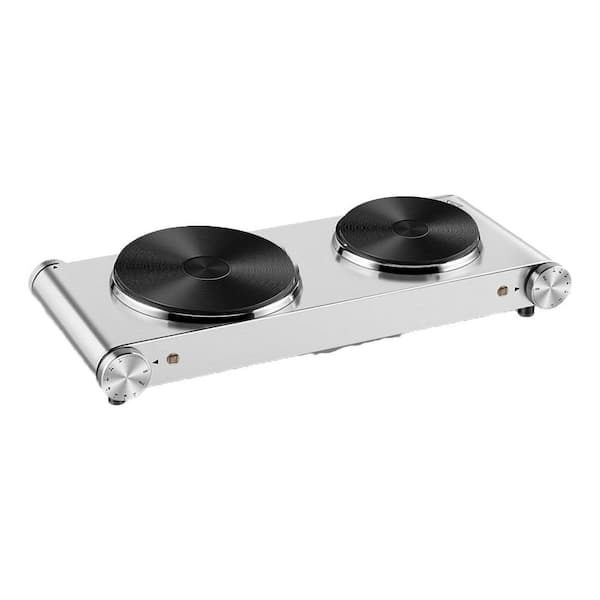 Unbranded 22.44 in. Elements 2 Burner 1800W Smooth Electric Hot Plate Silver with Cast Iron Hot Plate for Cooking