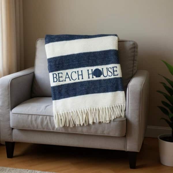 Navy Blue, White Striped Cotton Blend Throw Blanket
