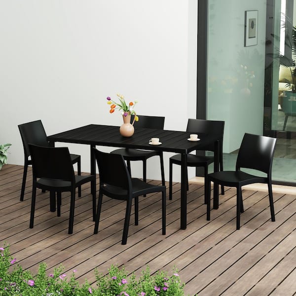 Frond and Form Outdoor Patio Modern 7-Piece Rectangular Steel Table, 6 Stackable HDPE Plastic Chairs Dining Set, Black