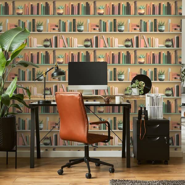 Modern Bookshelf Ocher Ground Wallpaper Sample
