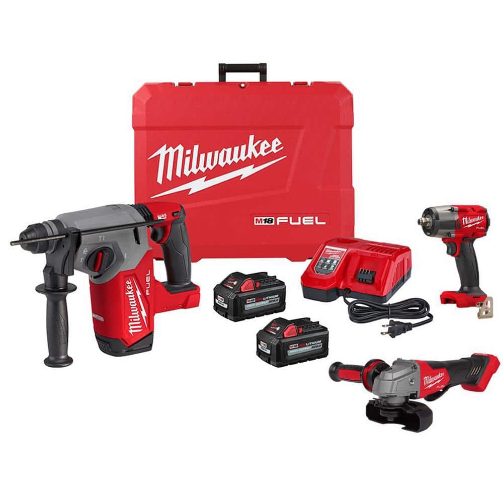 MILWAUKEE M18 FUEL 18V Lithium-Ion Brushless Cordless 1 in. SDS-Plus Rotary Hammer Kit with Grinder and 1/2 in. Impact Wrench (2912-22-grinder)
