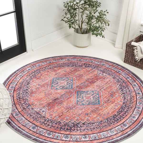 Dalyan Geometric Terracotta/Navy 6 ft. Medallions Machine-Washable Round Area Rug