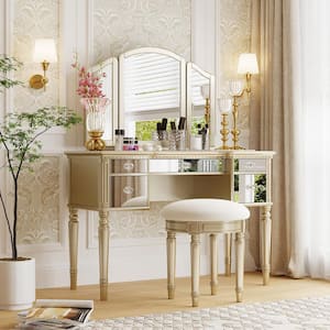 Gold 43 in. Dressing Table Set with Mirrored Drawers and Stool, Makeup Vanity Set