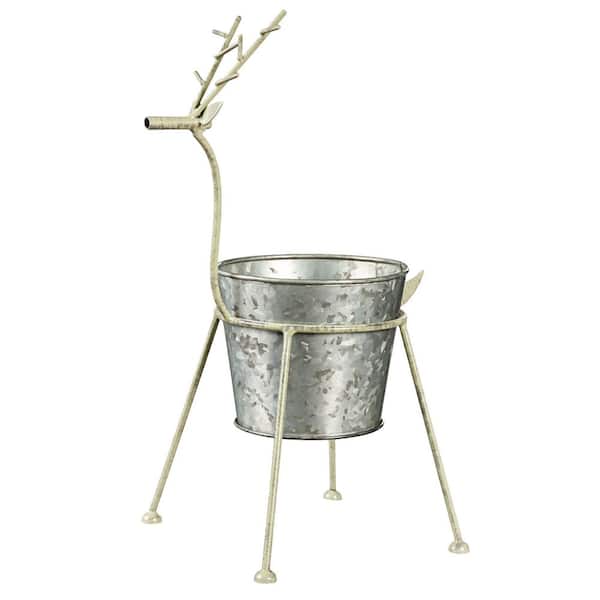 17 in. Holiday Reindeer Metal Frame with Galvanized Pot Planter, Green