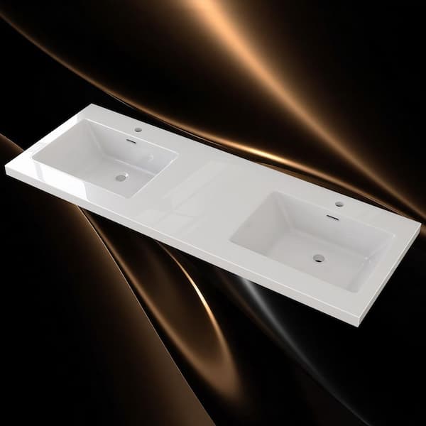 60 in. W x 22 in D Solid Surface Rectangular Double Sink Vanity Top in White with Single Faucet Hole,Pre-Mark 4 and 8 in