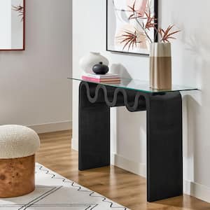 Ondine Glass Console Table in Black - Retro Vintage 15.98 in. Squiggle Sofa Table with Tempered Glass Top